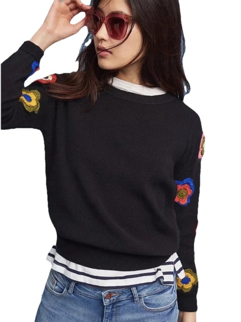 HARLYN ANTHROPOLOGIE Black "Avery" Embroidered Sweater Sz S